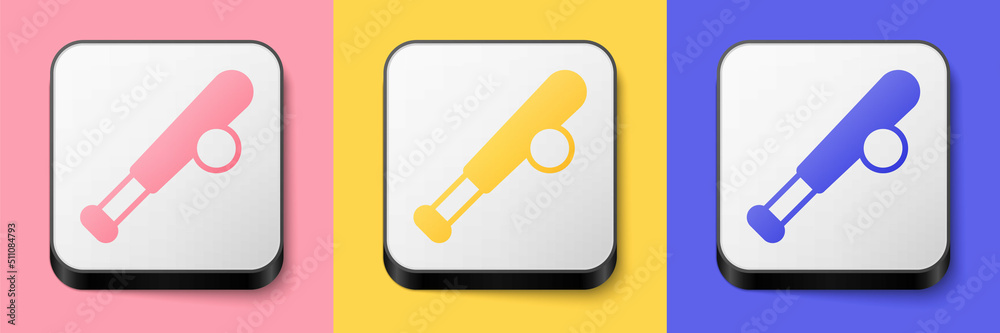 Isometric Baseball bat with ball icon isolated on pink, yellow and blue background. Square button. Vector Isometric Baseball bat with ball icon isolated on pink, yellow and blue background. Square button. Vector