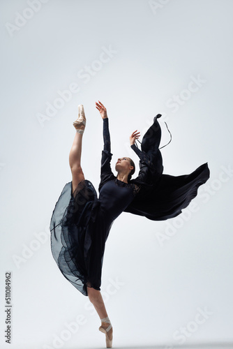 Elegant ballerina. A young graceful ballet dancer, dressed in pointes shoes demonstrates her dance skills. Power and refinement of classical ballet.