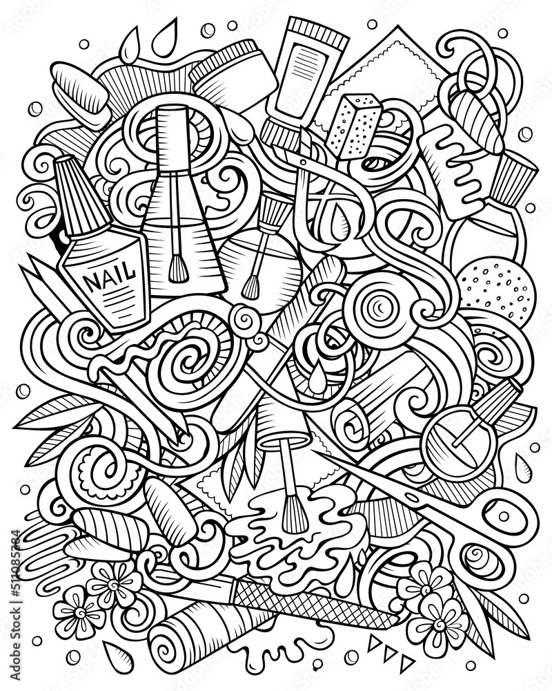 Nail Salon hand drawn raster doodles illustration. Manicure poster design.