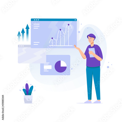Marketing Growth People Man Presentation with Big Screen and Chart, arrow up Flat Illustration