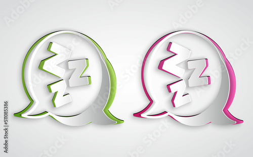 Paper cut Sleepy icon isolated on grey background. Sleepy zzz talk bubble. Paper art style. Vector