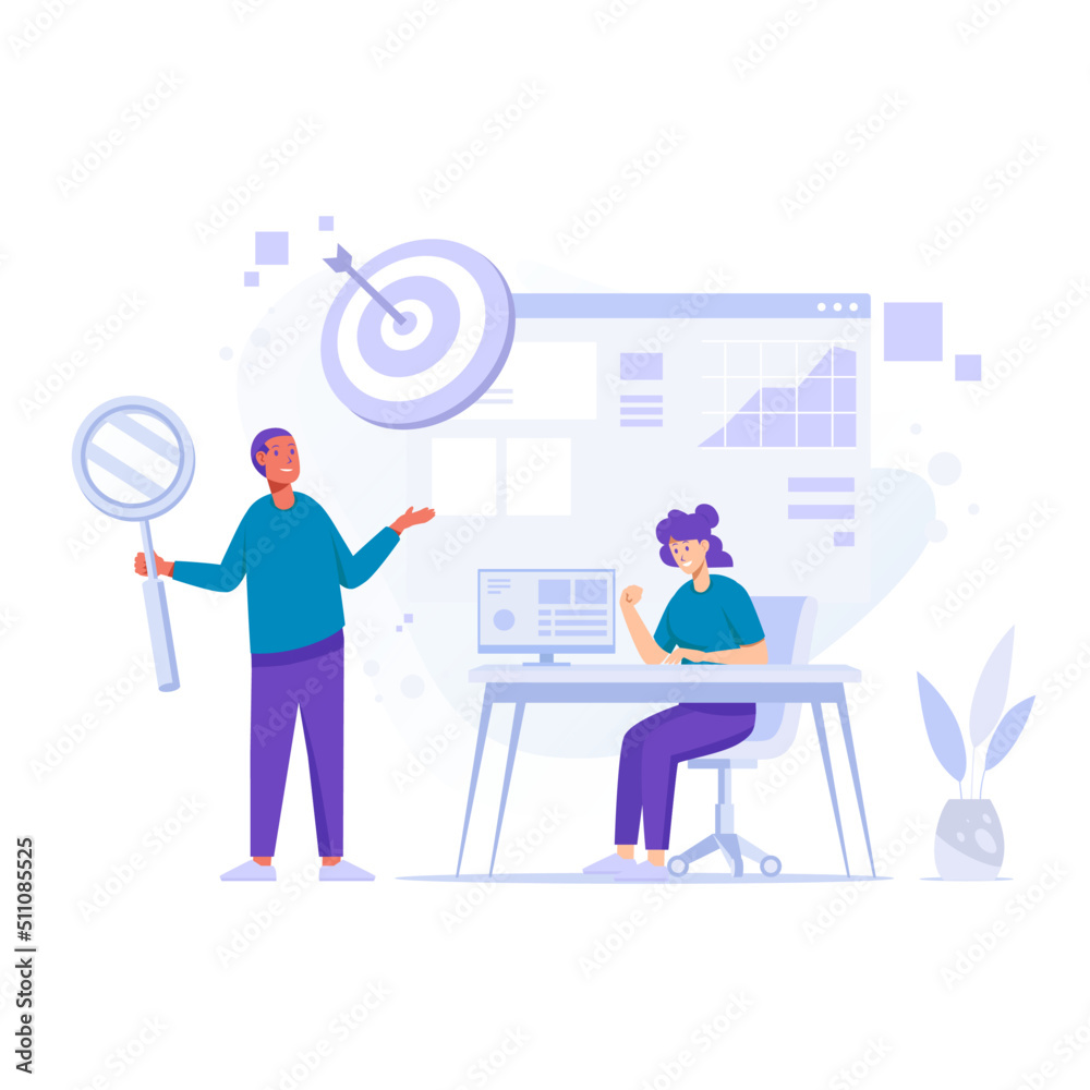 SEO Man with Magnifying Glass and Woman on the Desk with graph on screen Concept Flat Illustration