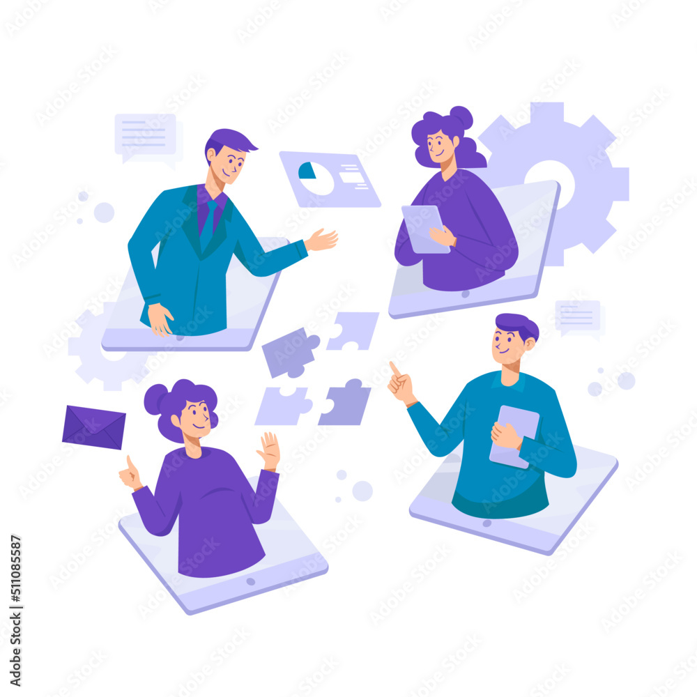 Teamwork Business Online Meeting Concept on Monitor Screen with multiple icons Flat Illustration Teamwork Business Online Meeting Concept on Monitor Screen with multiple icons Flat Illustration