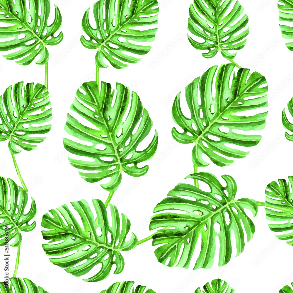 Watercolor seamless pattern with monstera palm leaves, tropical summer background. Watercolor seamless pattern with monstera palm leaves, tropical summer background.
