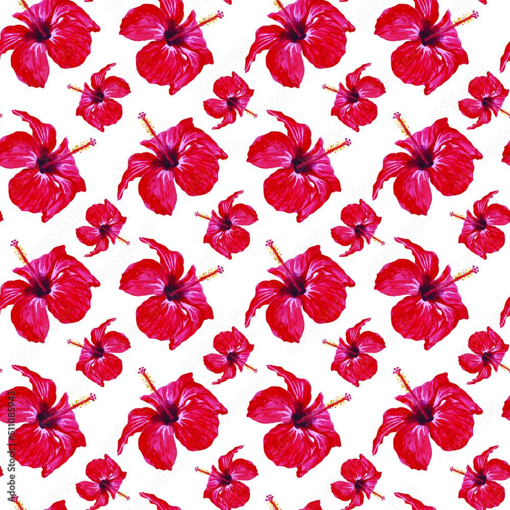 Watercolor seamless pattern with hibiscus flowers, summer tropical background.