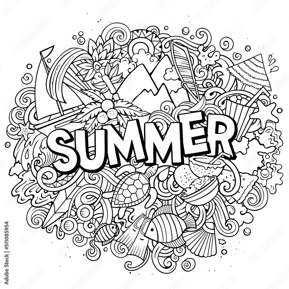 Summer hand drawn cartoon doodles illustration. Funny seasonal design.