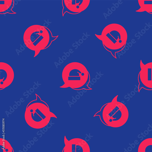 Red Christmas Santa Claus hat icon isolated seamless pattern on blue background. Merry Christmas and Happy New Year. Vector © Iryna