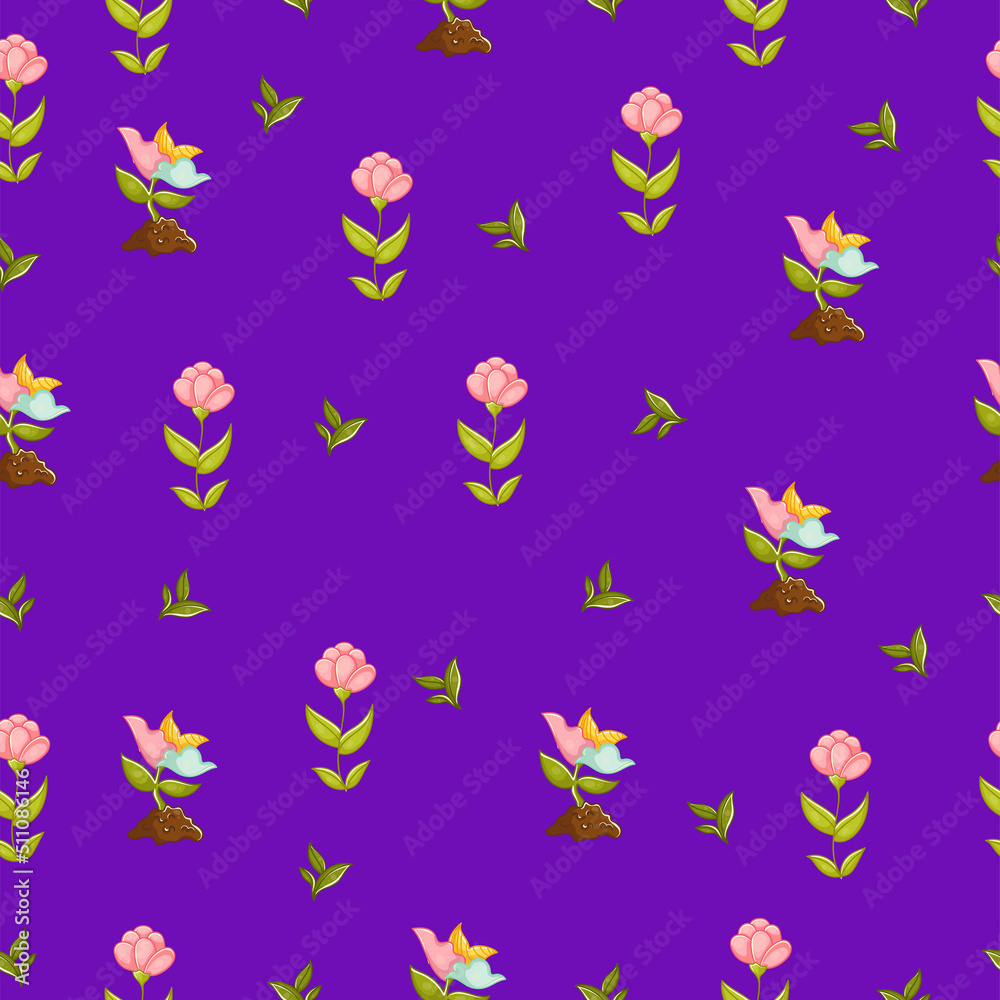 Cute spring seamless pattern on a purple background with beautiful plants, botanical flowers and herbs. Texture for scrapbooking, wrapping paper, invitations. Vector illustration.