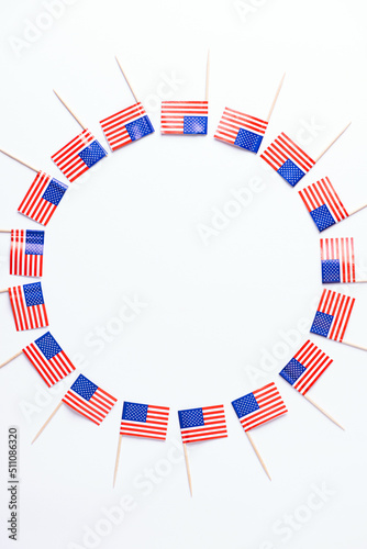 4th of July American Independence Day. Independence day frame made of Usa flag on white background. Flat lay, top view, copy space