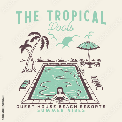 tropical illustration pools badge palm design beach t shirt