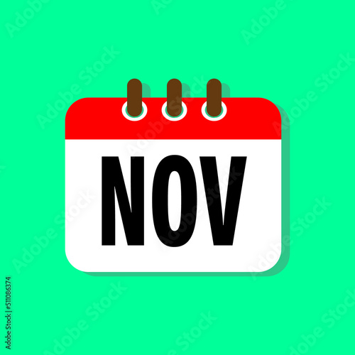 Vector icon calendar winter month - November. Sign of the year. Vector icon illustration flat style. Date day of month Sunday, Monday, Tuesday, Wednesday, Thursday, Friday, Saturday. Holidays date.