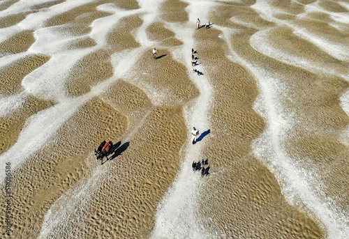 Huge sandbars arise in river Jamuna when the water level drops during the dry season. The striking pattern and textures look like desert when seen from above. Aerial sandbar view. Beauty of Nature. photo