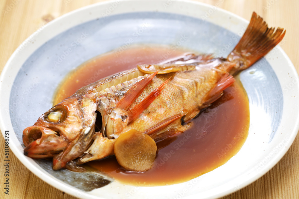 Mebaru no Nitsuke ( simmered rockfish in sweetened soy sauce ), Japanese cuisine Mebaru no Nitsuke ( simmered rockfish in sweetened soy sauce ), Japanese cuisine