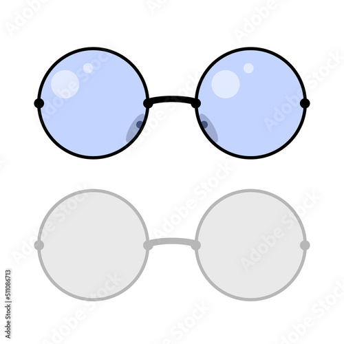 Vector illustration of glasses shape circle with black frame and blue glass on a white background with shadow.