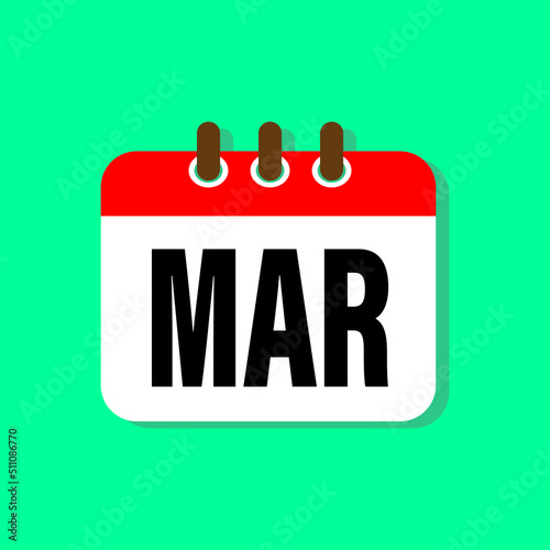 Vector icon calendar winter month - March. Sign of the year. Vector icon illustration flat style. Date day of month Sunday, Monday, Tuesday, Wednesday, Thursday, Friday, Saturday. Holidays date.