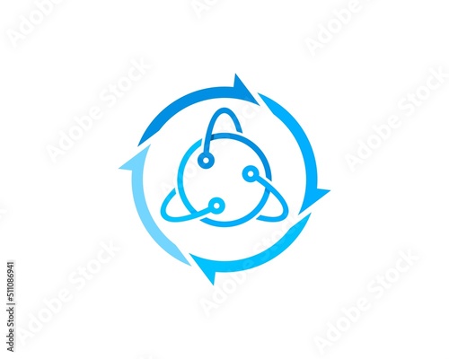 Circular arrow with atom symbol inside