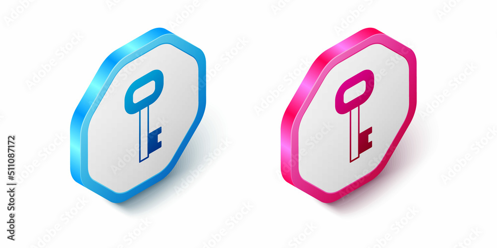 Isometric Old key icon isolated on white background. Hexagon button. Vector Isometric Old key icon isolated on white background. Hexagon button. Vector