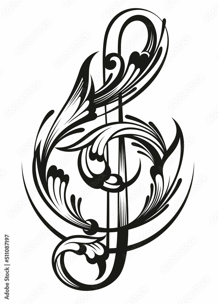 Fototapeta premium Music symbol.Treble clef in heart shape, line art symbol, vector illustration.