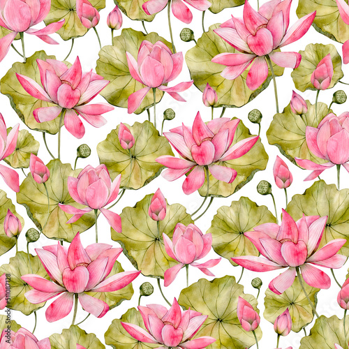 Pink Lotus Flowers Hand Drawn Watercolor Seamless Pattern. Watercolour Water Lily Digital Paper on a White Background. Floral Print perfect for Wrapping Paper  Fabric  Textile and Wallpaper 