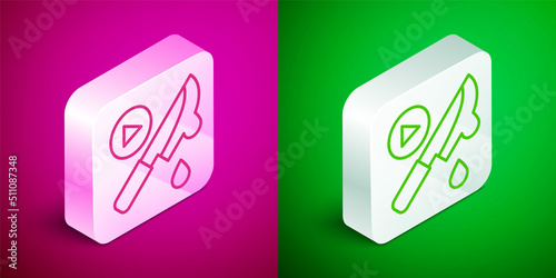 Isometric line Thriller movie icon isolated on pink and green background. Bloody knife. Suspenseful cinema genre, survival horror. Shocking films with gore and violence. Silver square button. Vector