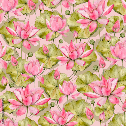 Pink Hand Drawn Watercolor Lotus Flowers Seamless Pattern. Watercolour Water Lily Digital Paper on a Pink Background. Floral Print perfect for Wrapping Paper, Fabric, Textile and Wallpaper 