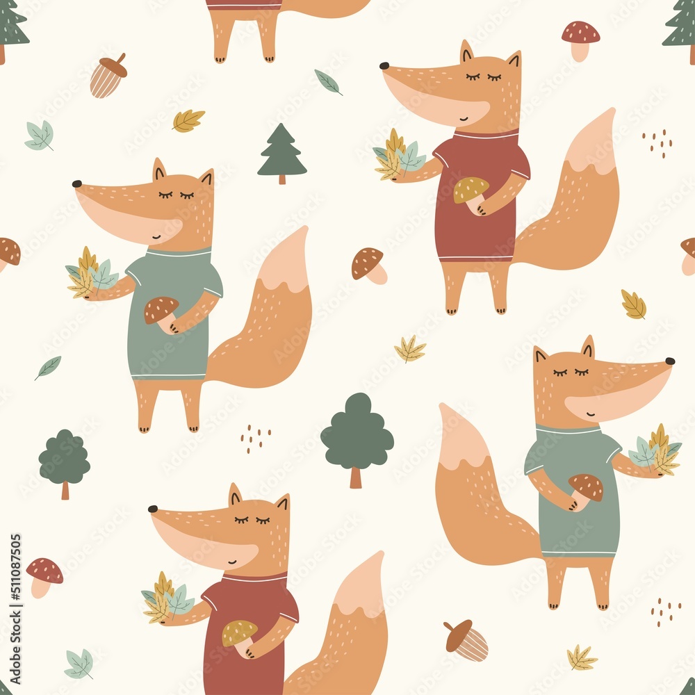 Vector hand-drawn color children's seamless repeating pattern with a cute fox in Scandinavian style on a light background. Creative children's texture for fabric, wallpaper, clothes and room