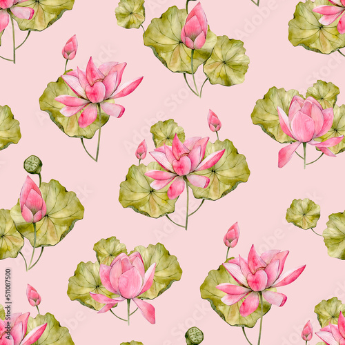 Hand Drawn Watercolor Pink Lotus Flowers Seamless Pattern. Watercolour Water Lily Digital Paper on a Pink Background. Floral Print perfect for Wrapping Paper, Fabric, Textile and Wallpaper 