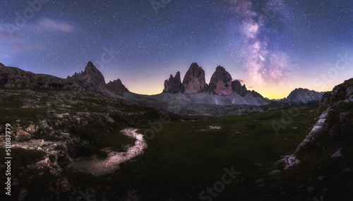 Tre Cime di Lavaredo mountains under the Milky Way