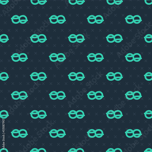 Green line Nautical rope knots icon isolated seamless pattern on blue background. Rope tied in a knot. Vector