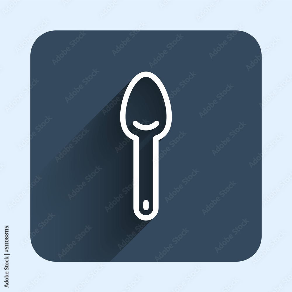 White line Spoon icon isolated with long shadow background. Cooking utensil. Cutlery sign. Blue square button. Vector White line Spoon icon isolated with long shadow background. Cooking utensil. Cutlery sign. Blue square button. Vector