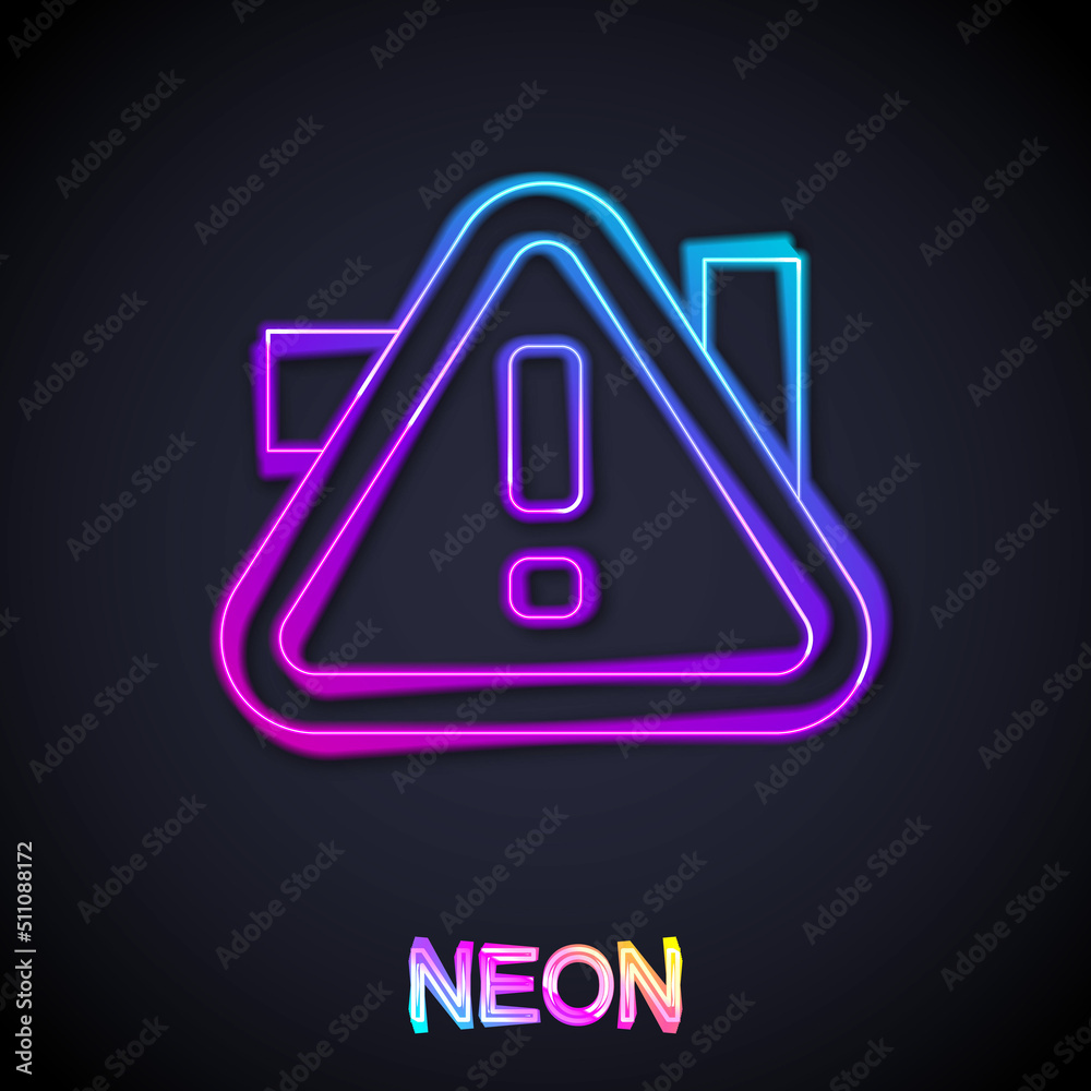 Glowing neon line Exclamation mark in triangle icon isolated on black background. Hazard warning sign, careful, attention, danger warning important. Vector Glowing neon line Exclamation mark in triangle icon isolated on black background. Hazard warning sign, careful, attention, danger warning important. Vector