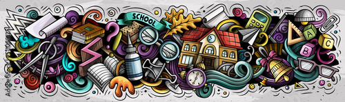 Cartoon cute doodles School banner design. Colorful illustration