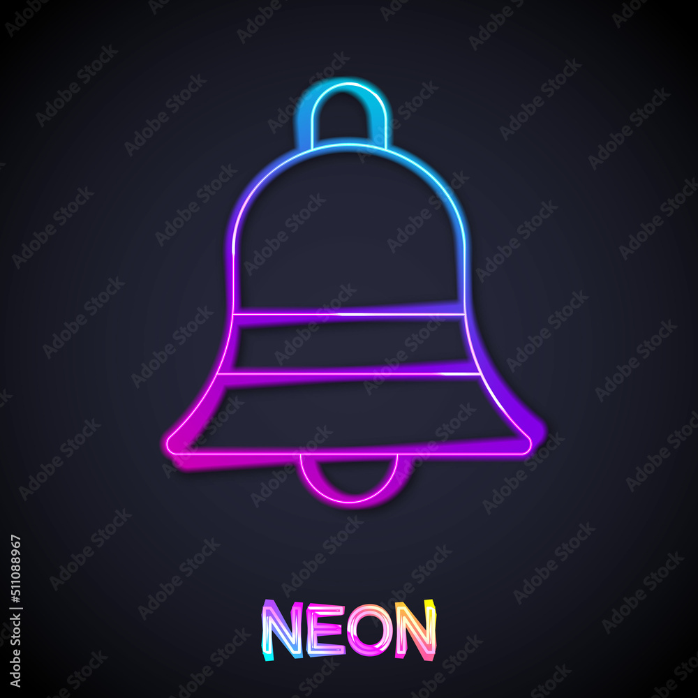 Glowing neon line Ringing bell icon isolated on black background. Alarm symbol, service bell, handbell sign, notification symbol. Vector Glowing neon line Ringing bell icon isolated on black background. Alarm symbol, service bell, handbell sign, notification symbol. Vector