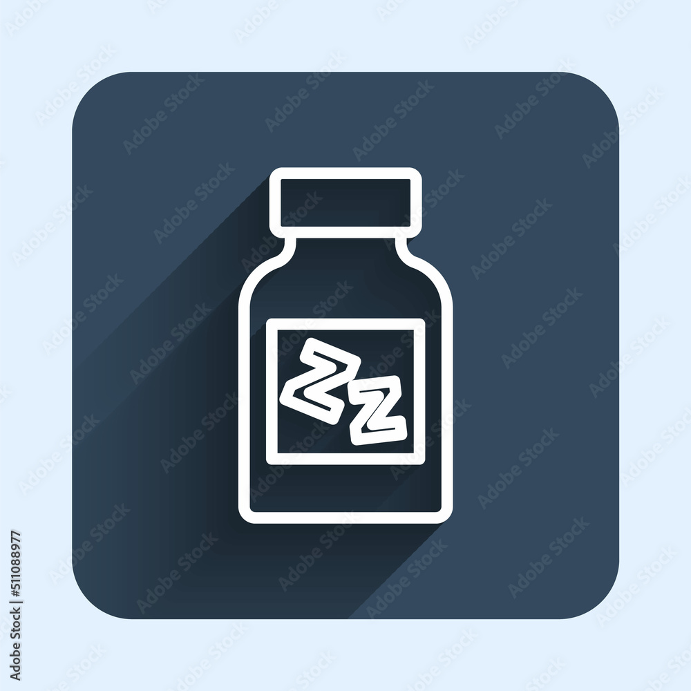White line Sleeping pill icon isolated with long shadow background. Blue square button. Vector White line Sleeping pill icon isolated with long shadow background. Blue square button. Vector