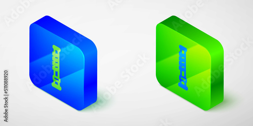 Isometric line Flute icon isolated on grey background. Musical instrument. Blue and green square button. Vector