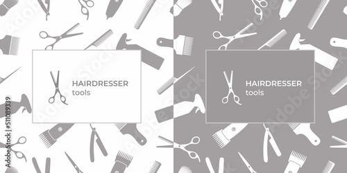 Barber, barbershop, hairdressing tools, equipment, accessories vector.Banner. Logo. Seamless pattern. Scissors, having brush, razor, hair dryer, comb, straight razor, hair clipper.Vector illustration.