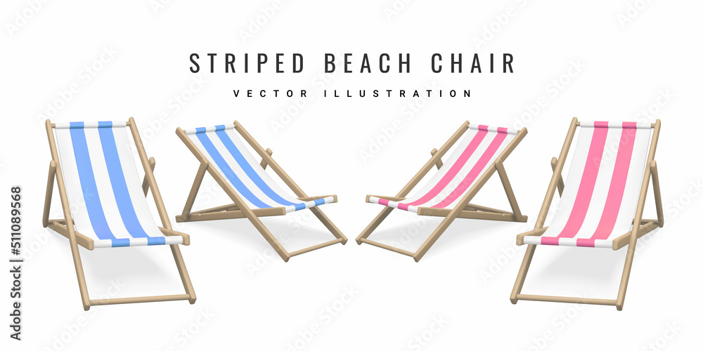 Striped beach chair. Realistic 3D deck chair isolated on white background. Summertime object. Vector illustration Striped beach chair. Realistic 3D deck chair isolated on white background. Summertime object. Vector illustration