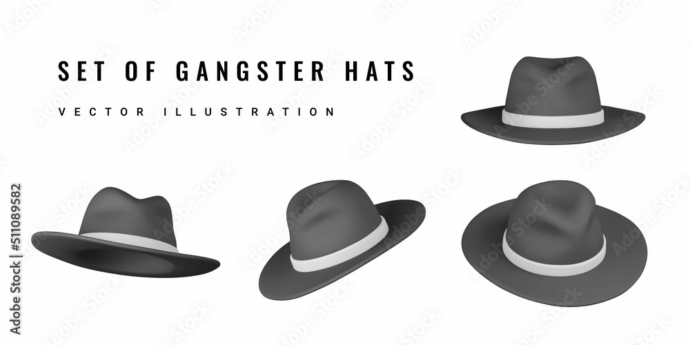 Set of 3D realistic gangster hat. Mens hat. Black fedora hat with white ribbon. Trilby hat. Vector illustration - obrazy, fototapety, plakaty 