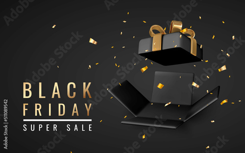 Open black Gift Box and Confetti on dark background. Black friday promo banner design. Vector Illustration