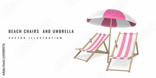 Summer 3d realistic render vector objects. Sun umbrella and striped beach chairs. Vector illustration