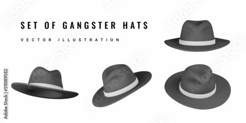 Set of 3D realistic gangster hat. Mens hat. Black fedora hat with white ribbon. Trilby hat. Vector illustration photo