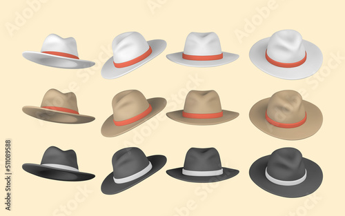 Set of 3D realistic mens hat. Summer hat. Summertime object. Vector illustration