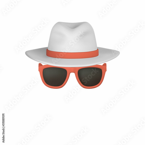 Realistic 3d mans hat and sunglasses on white background. Summertime object. Vector illustration