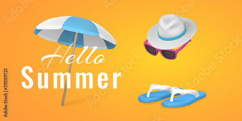 Hello summer promo banner design. Summer 3d realistic render vector objects. Sun umbrella, sunglasses, hat and slippers. Vector illustration
