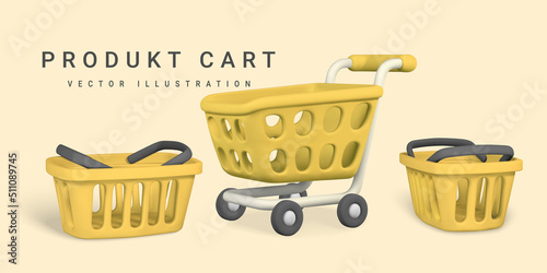 3d empty yellow shopping cart. Shopping concept. Vector illustration