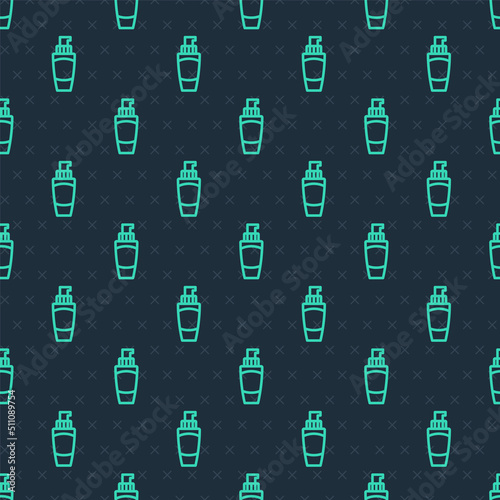 Green line Tube of hand cream icon isolated seamless pattern on blue background. Vector