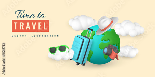 Time to travel promo banner design. Cartoon 3d planet, travel trolley bag, cloud, camera, sunglasses and hat. Summertime object. Vector illustration