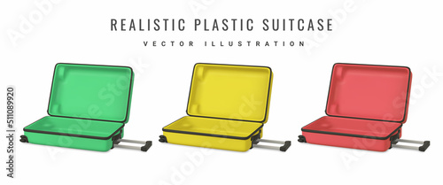 Set of 3D travel trolley bag. Realistic open plastic suitcase. Tourism symbol isolated on white background. Vector illustration