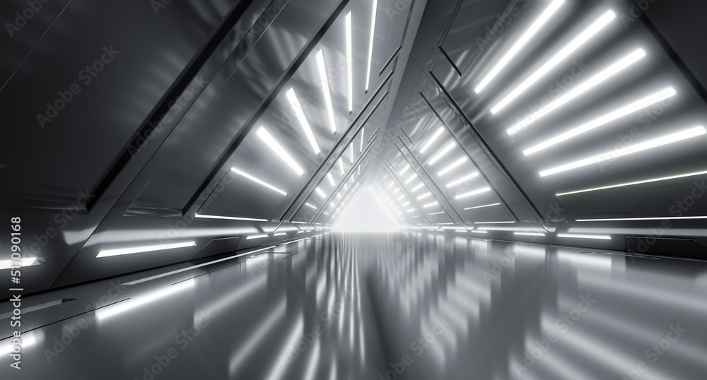 Futuristic Cyber Tunnel, Sci Fi Dark Lights corridor interior design. Triangle Metal Structures Future concept design. 3D Rendering Futuristic Cyber Tunnel, Sci Fi Dark Lights corridor interior design. Triangle Metal Structures Future concept design. 3D Rendering