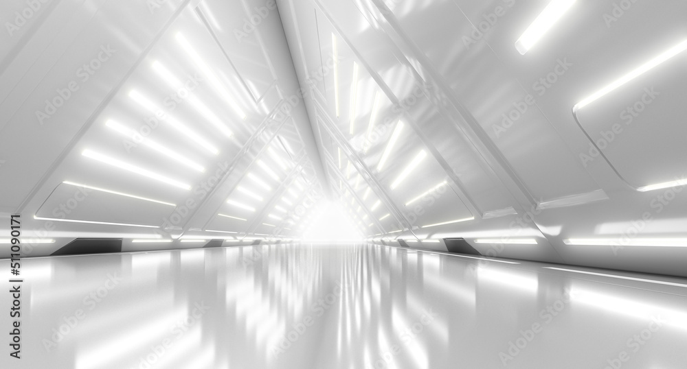 Abstract Futuristic corridor interior design with lights. Triangle Spaceship Tunnel Future concept. 3D Rendering Abstract Futuristic corridor interior design with lights. Triangle Spaceship Tunnel Future concept. 3D Rendering